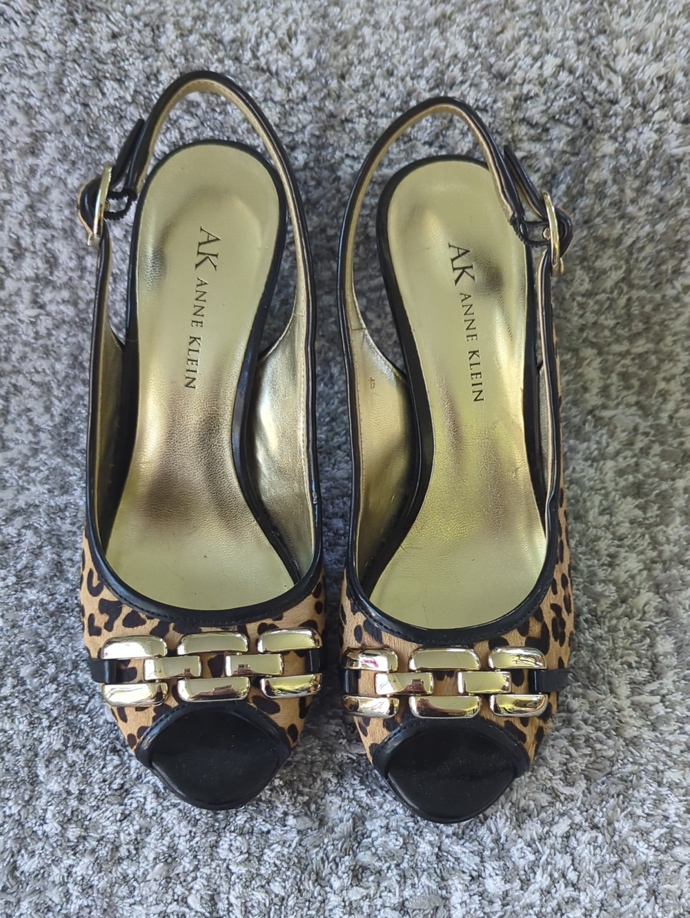 Anne Klein Leopard Print Peep-Toe Slingback Mules with Gold Chain